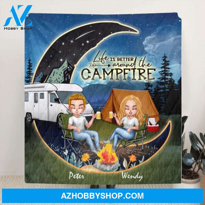 Custom Personalized Camping Moon Night Chibi Quilt/ Fleece Blanket - Couple With Upto 3 Dogs - Gift Idea For Camping Lover - Life Is Better Around The Campfire