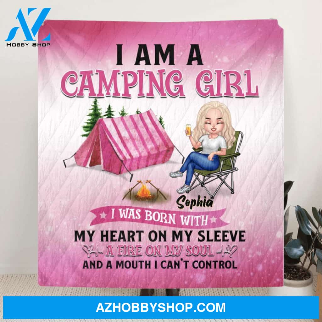 Custom Personalized Camping Queen Quilt - Gift Idea For Camping Lovers/Mother's Day - I Am A Camping Girl, I Was Born With My Heart On My Sleeve