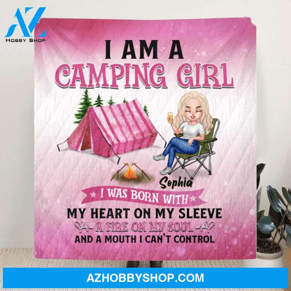 Custom Personalized Camping Queen Quilt - Gift Idea For Camping Lovers/Mother's Day - I Am A Camping Girl, I Was Born With My Heart On My Sleeve