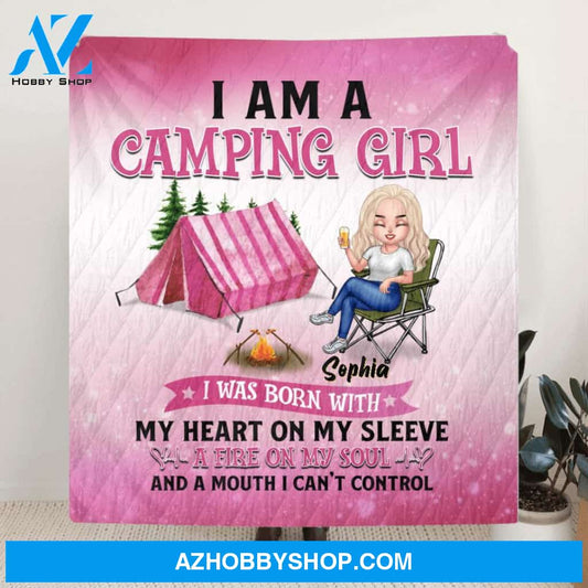 Custom Personalized Camping Queen Quilt - Gift Idea For Camping Lovers/Mother's Day - I Am A Camping Girl, I Was Born With My Heart On My Sleeve