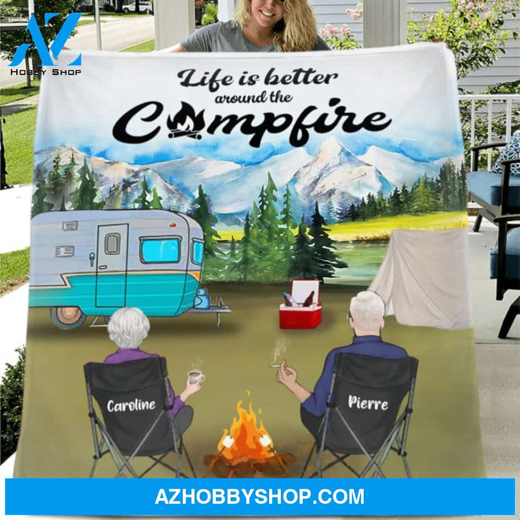 Custom Personalized Camping Smoke Fleece/Quilt Blanket - Couple/ Parents With Upto 4 Kids And 4 Pets - Gift Idea For Camping Lover - Life Is Better Around The Campfire