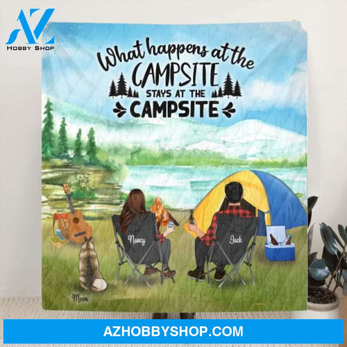 Custom Personalized Camping Tent Quilt/Fleece Blanket - Best Gift Idea For Man/Woman/Couple - Man/Woman/Couple With Upto 3 Pets - What Happens At The Campsite Stays At The Campsite