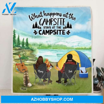 Custom Personalized Camping Tent Quilt/Fleece Blanket - Best Gift Idea For Man/Woman/Couple - Man/Woman/Couple With Upto 3 Pets - What Happens At The Campsite Stays At The Campsite