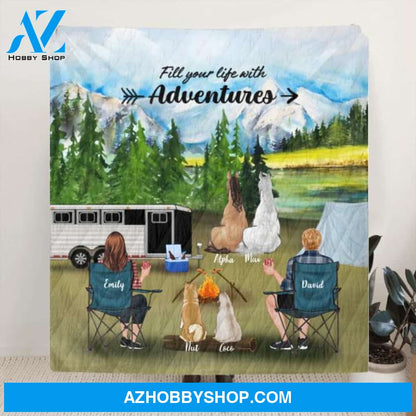 Custom Personalized Camping With Horses And Dogs Quilt/ Fleece Blanket - Couple With 2 Horses And 2 Dogs - Best Gift For Camping Lover