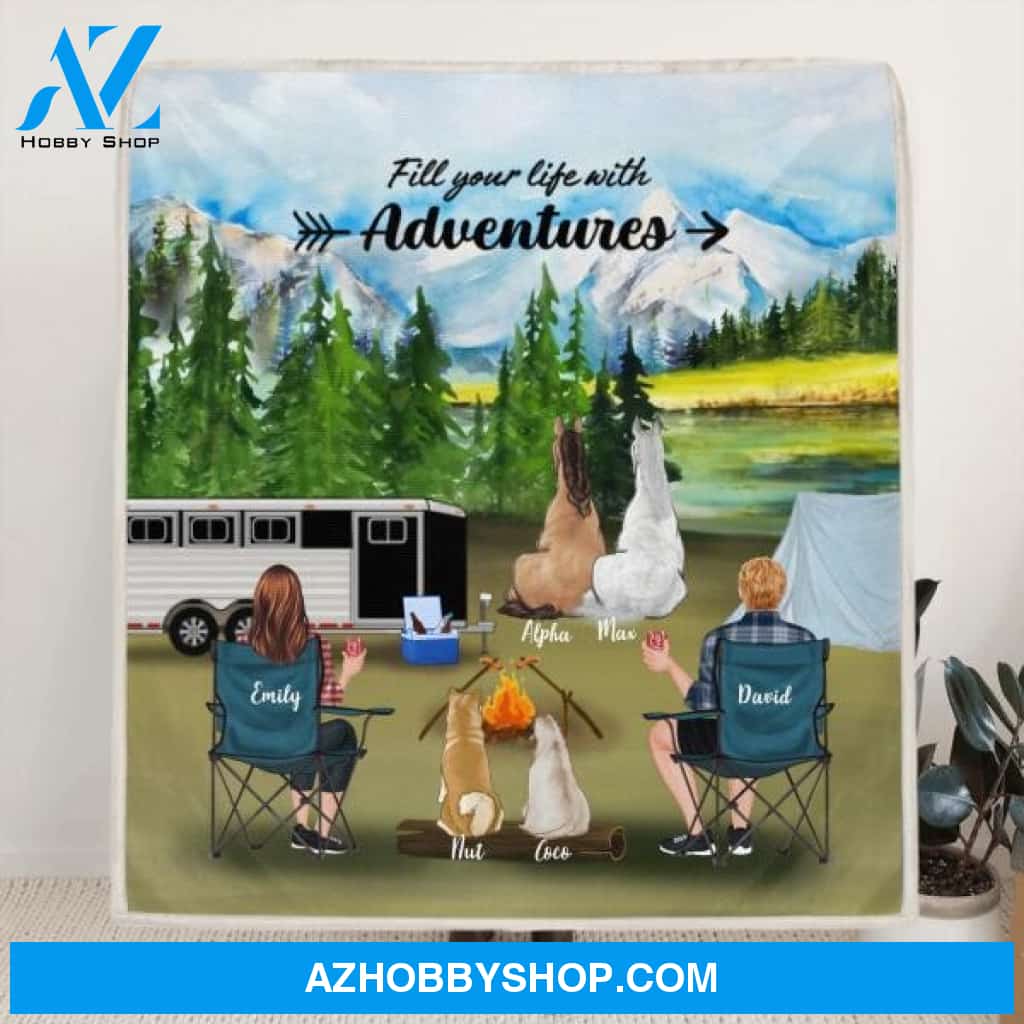 Custom Personalized Camping With Horses And Dogs Quilt/ Fleece Blanket - Couple With 2 Horses And 2 Dogs - Best Gift For Camping Lover