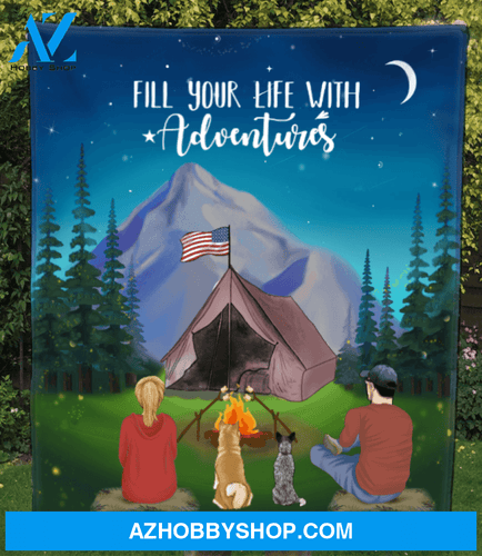 Custom Personalized Cat, Dog & Owners Camping Blanket Gift Idea For The Whole Family, Cat, Dog Dad Mom - Couple & 2 Pets Mountain Quilt