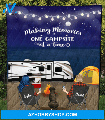 Custom personalized cat dog & owners camping blanket gift idea for the whole family, cat dog lovers - 1 Pet & Couple Night Beach Camping Quilt V5
