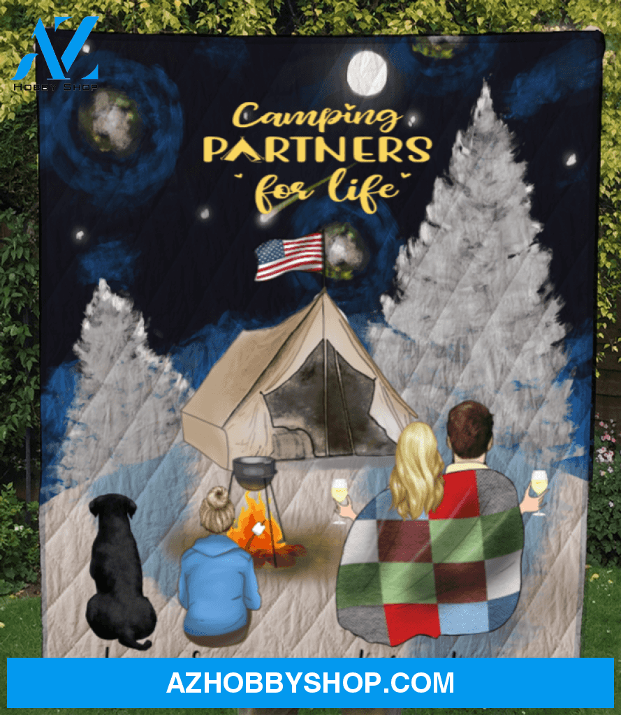 Custom personalized cat dog & owners camping blanket gift idea for the whole family, cat dog lovers - Couple, 1 Kid & 1 Pet Winter Camping Quilt