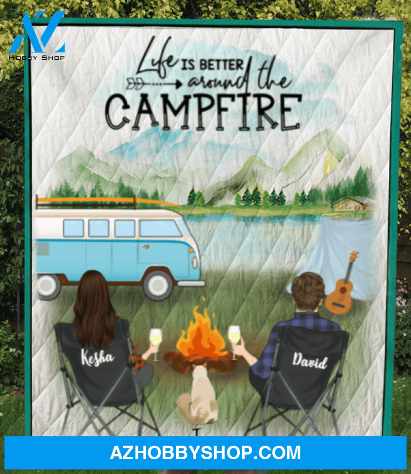 Custom personalized Cat & Owners camping blanket gift idea for the whole family, Cat lovers - Couple & 1 Cat Camping Quilt V5