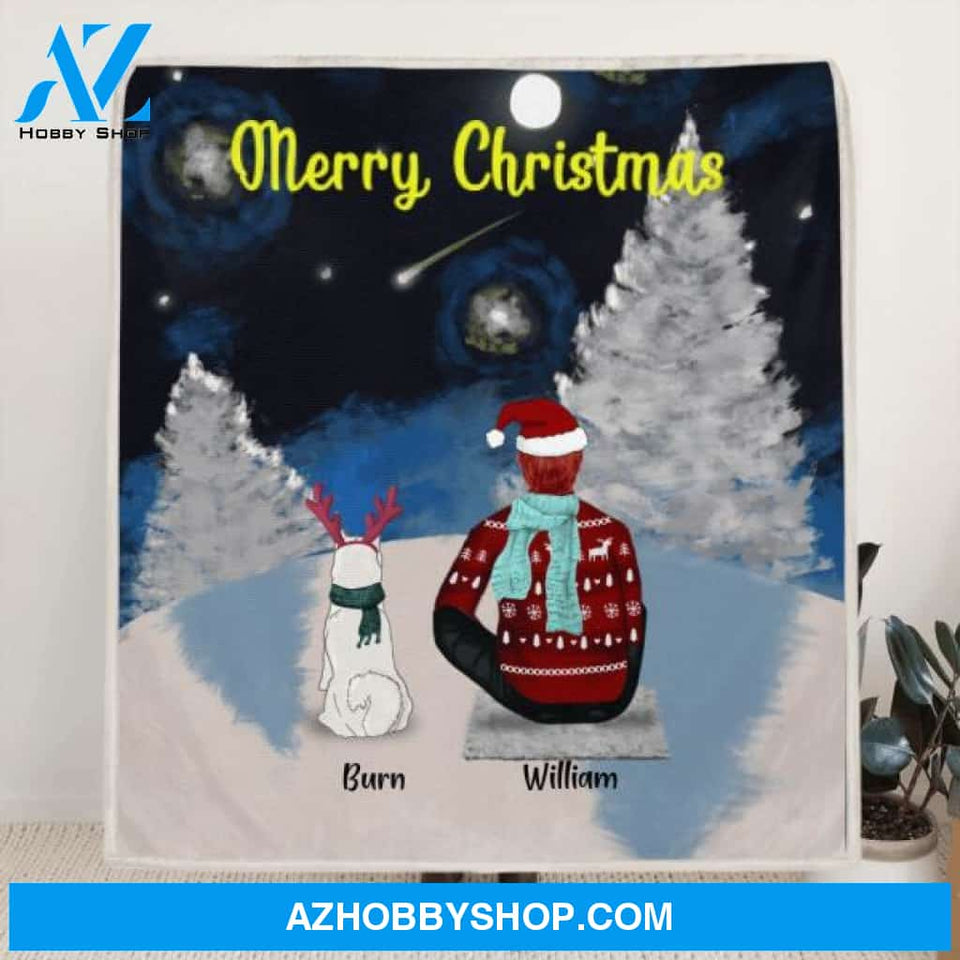 Custom Personalized Christmas Quilt/ Fleece Blanket- Man/ Woman With Upto 6 Pets - Merry Christmas