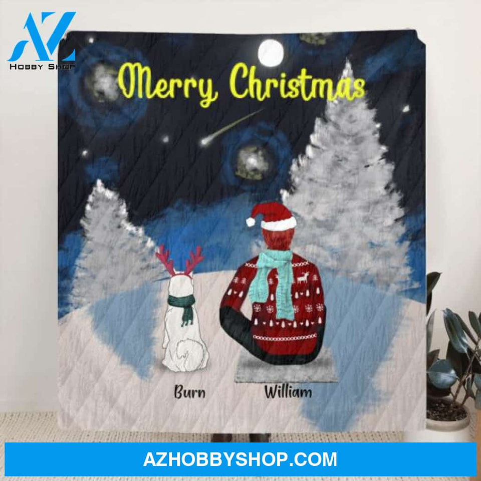 Custom Personalized Christmas Quilt/ Fleece Blanket- Man/ Woman With Upto 6 Pets - Merry Christmas