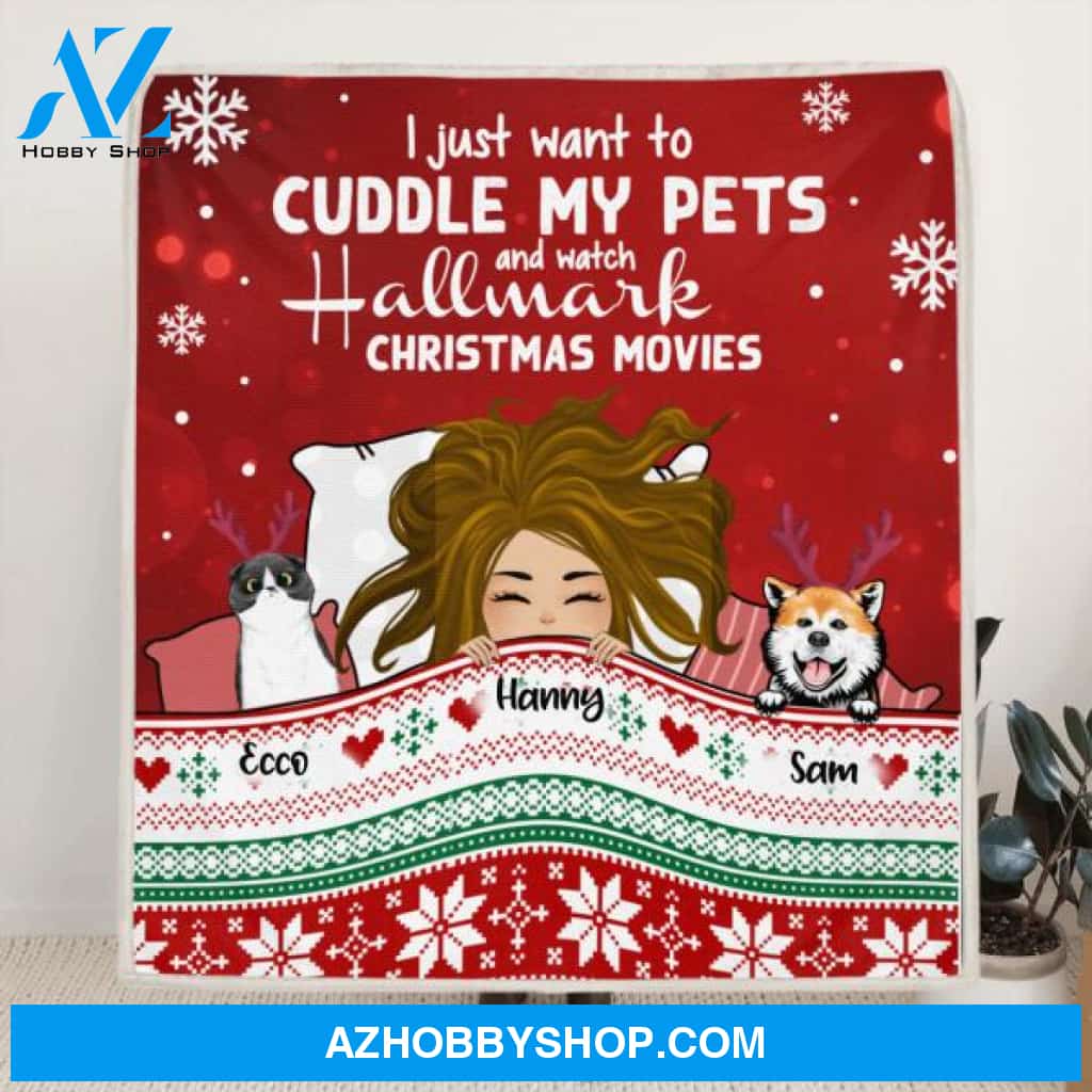 Custom Personalized Christmas Sleeping With Pets Quilt/ Fleece Blanket - Girl With Upto 4 Pets - Christmas Gift For Cat/ Dog Lover - I Just Want To Cuddle My Pets