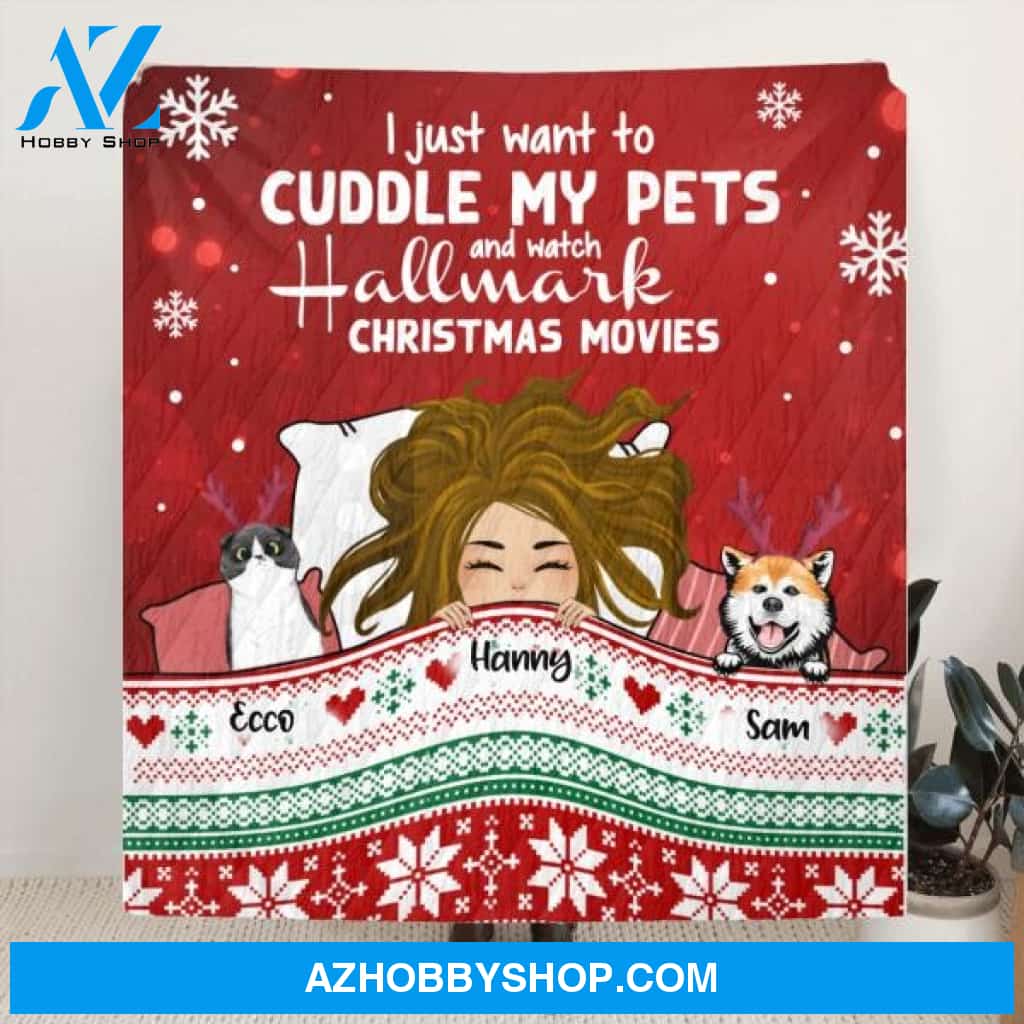 Custom Personalized Christmas Sleeping With Pets Quilt/ Fleece Blanket - Girl With Upto 4 Pets - Christmas Gift For Cat/ Dog Lover - I Just Want To Cuddle My Pets