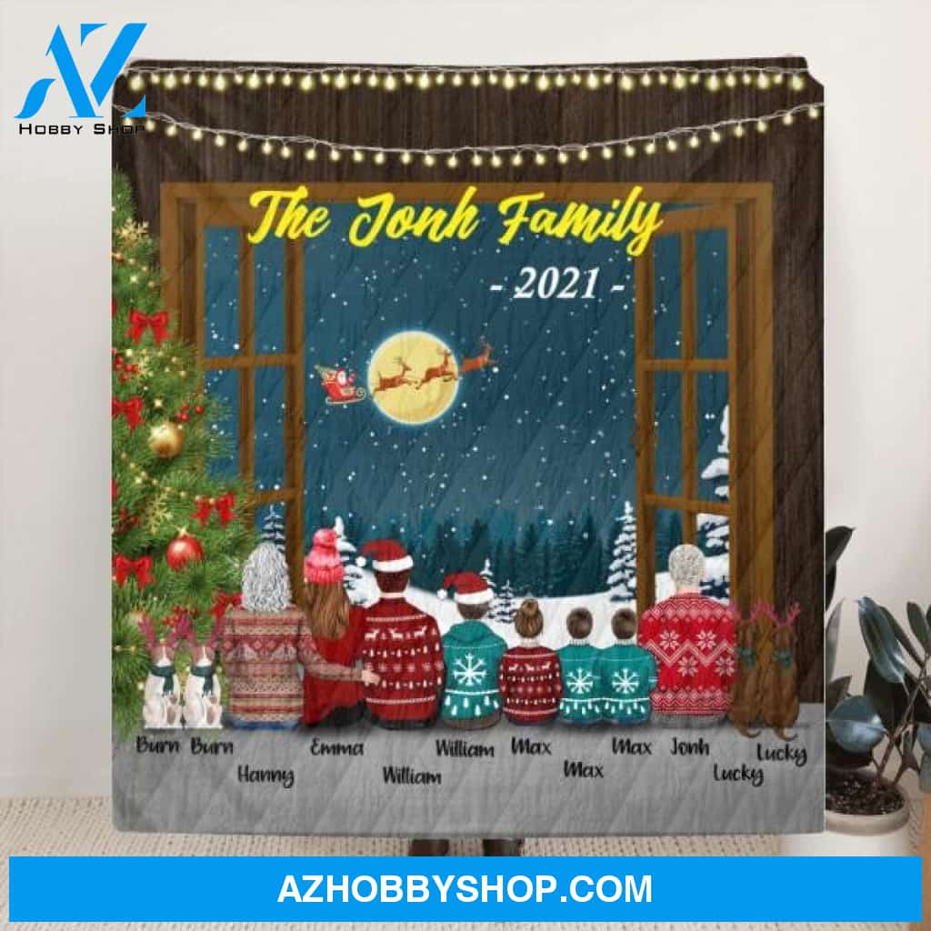 Custom Personalized Christmas With Whole Family Quilt/ Fleece Blanket - 3 Generations: Grandparents, Parents With Upto 4 Children And 4 Pets - Christmas Gift For The Whole Family