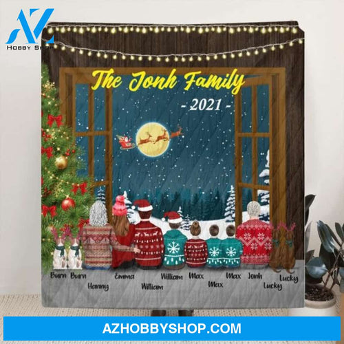Custom Personalized Christmas With Whole Family Quilt/ Fleece Blanket - 3 Generations: Grandparents, Parents With Upto 4 Children And 4 Pets - Christmas Gift For The Whole Family