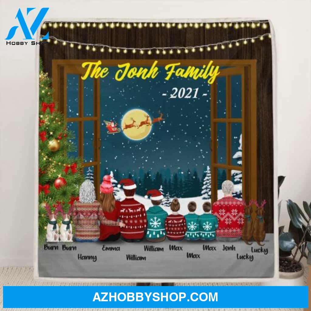 Custom Personalized Christmas With Whole Family Quilt/ Fleece Blanket - 3 Generations: Grandparents, Parents With Upto 4 Children And 4 Pets - Christmas Gift For The Whole Family