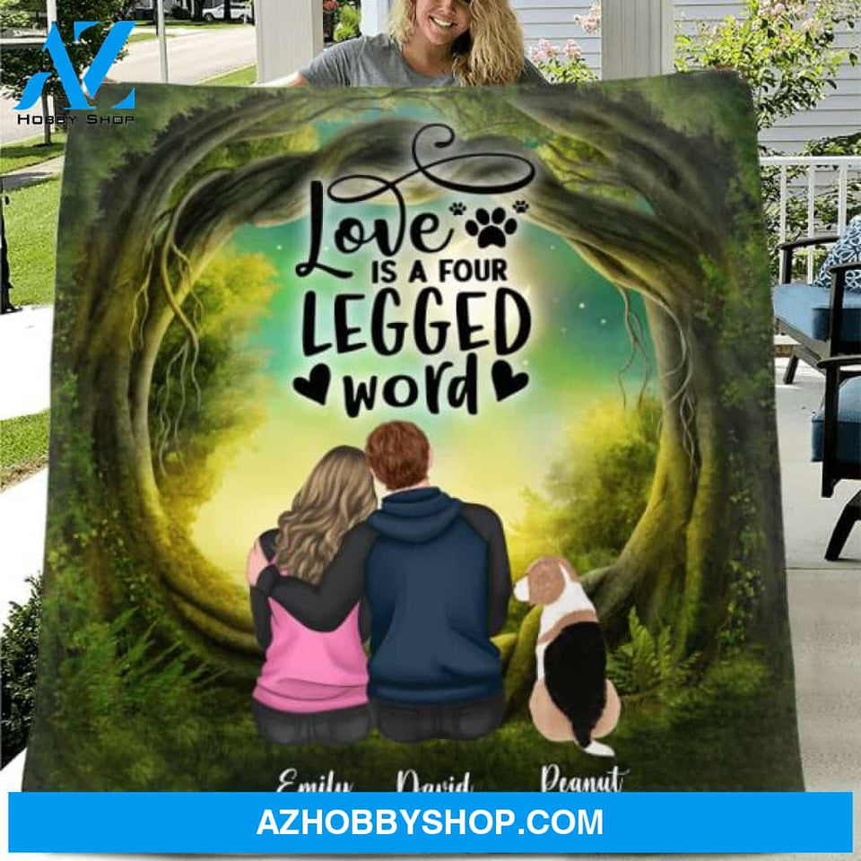 Custom Personalized Couple And Dogs Quilt/Fleece Blanket - Couple With Upto 5 Dogs - Gift Idea For Couple/Dog Lover - Love Is A Four Legged Word