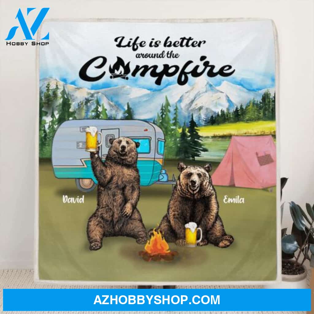 Custom Personalized Couple Bear Husband Wife Camping Quilt/ Fleece Blanket - Gift For Couple - Life Is Better Around The Camfire
