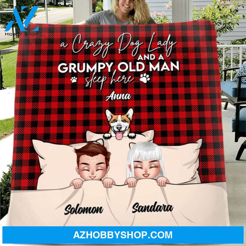 Custom Personalized Couple Quilt/Fleece Blanket - Upto 5 Dogs - Gift Idea For Dog Lovers/Couple - A Crazy Dog Lady And A Grumpy Old Man Sleep Here