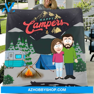 Custom Personalized Couple Camping Quilt/Single Layer Fleece - Gift For Camping Lovers - Happy Camper