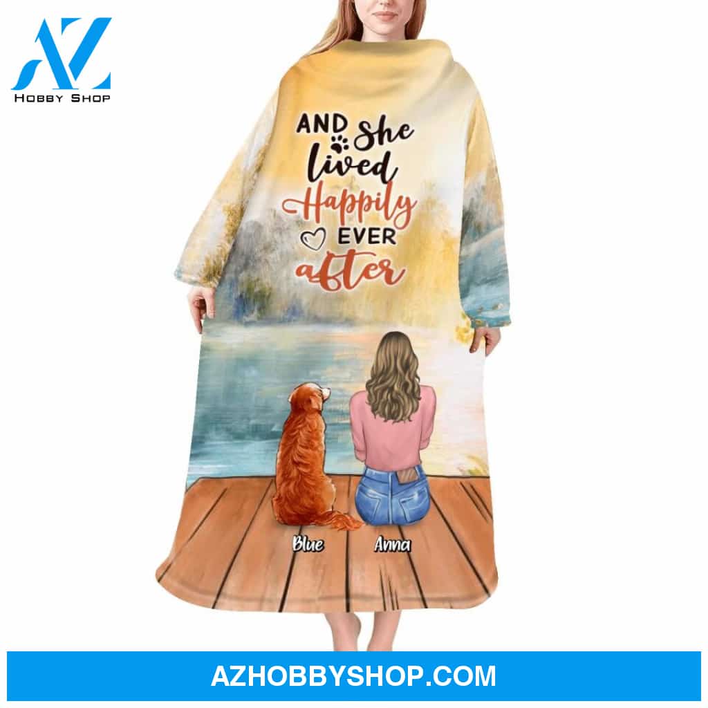 Custom Personalized Dog Blanket Robe With Sleeves - Gift for Dog Mom, Dog Lovers - Up to 6 Dogs - And she lived happily ever after