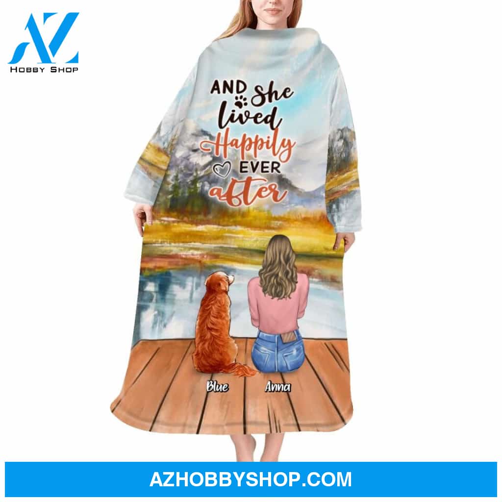 Custom Personalized Dog Blanket Robe With Sleeves - Gift for Dog Mom, Dog Lovers - Up to 6 Dogs - And she lived happily ever after