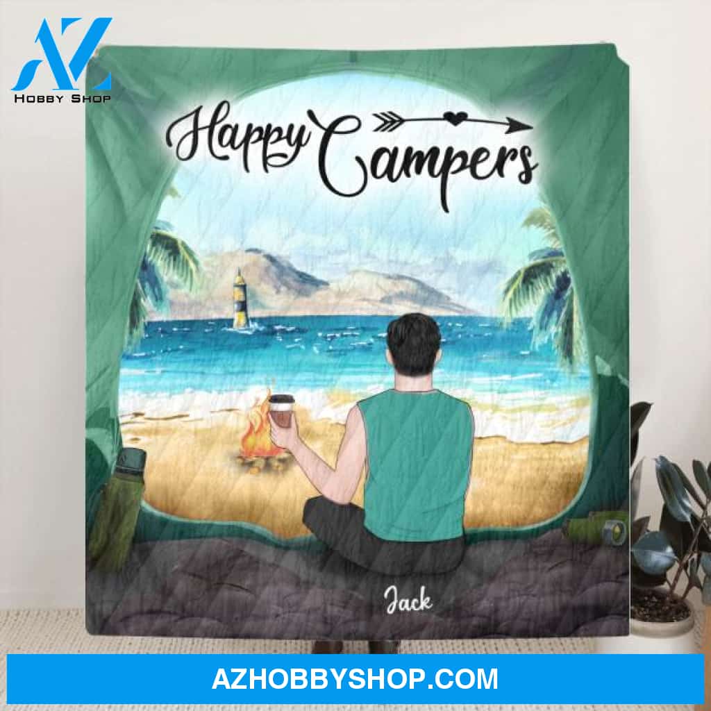 Custom Personalized Dog Camping Quilt/ Fleece Blanket - Man/ Woman/ Couple With Upto 3 Dogs - Best Gift For Camping Lover - View Inside The Tent