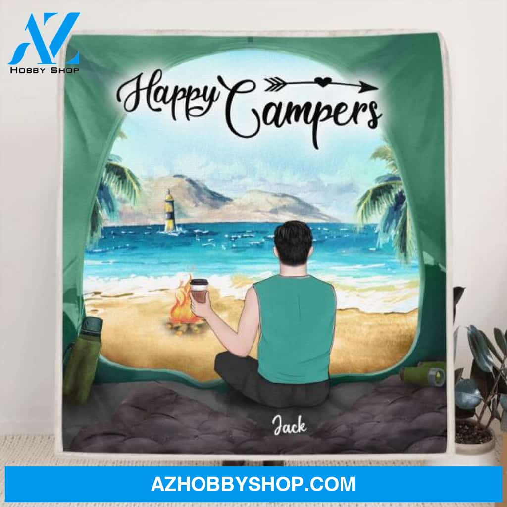 Custom Personalized Dog Camping Quilt/ Fleece Blanket - Man/ Woman/ Couple With Upto 3 Dogs - Best Gift For Camping Lover - View Inside The Tent