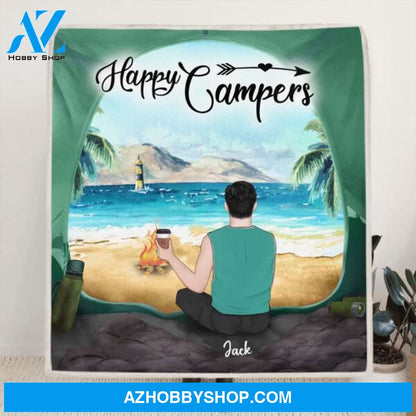 Custom Personalized Dog Camping Quilt/ Fleece Blanket - Man/ Woman/ Couple With Upto 3 Dogs - Best Gift For Camping Lover - View Inside The Tent