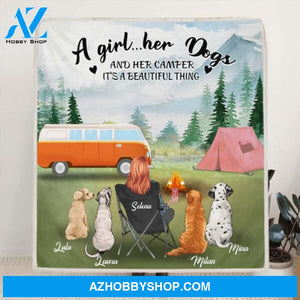 Custom Personalized Dog Mom Camping Quilt/ Fleece Blanket - Mom With Upto 4 Dogs - Best Gift For Dog Lovers