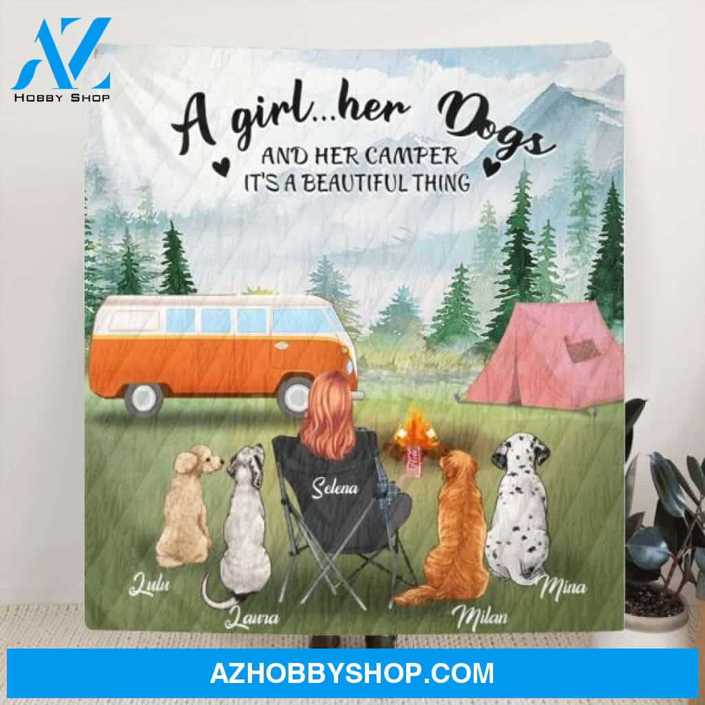 Custom Personalized Dog Mom Camping Quilt/ Fleece Blanket - Mom With Upto 4 Dogs - Best Gift For Dog Lovers