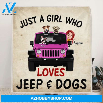 Custom Personalized Dog Mom & Jeep Quilt/Fleece Blanket - Up to 5 Dogs - Best Gift For Dog Lovers/Mother's Day - Just A Girl Who Loves Jeep & Dogs