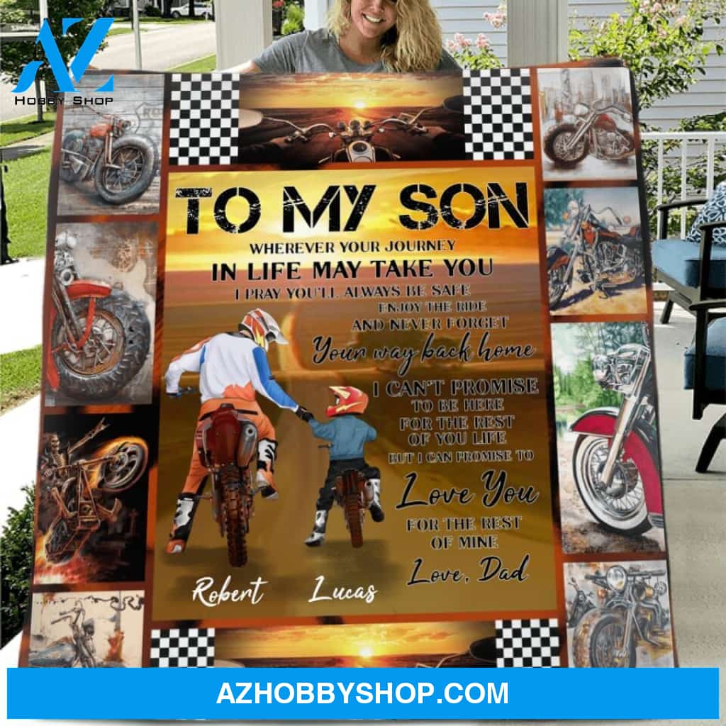 Custom Personalized Father & Son Biker Quilt/Single Layer Fleece Blanket - Gift Idea For Bike Lovers From Father To Son - To My Son