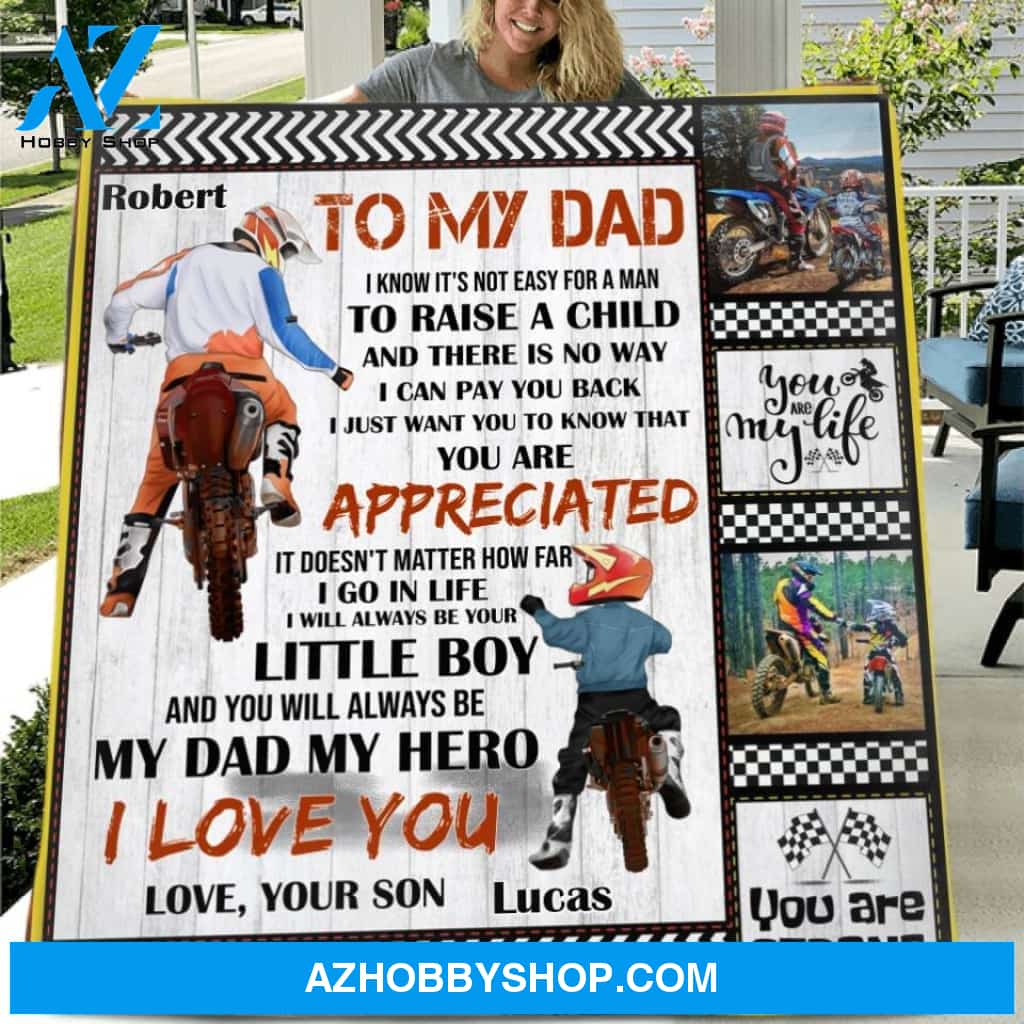 Custom Personalized Father & Son Biker Quilt/Single Layer Fleece Blanket - Gift Idea For Bike Lovers/Father's Day - To My Dad I Know It's Not Easy To Raise A Child