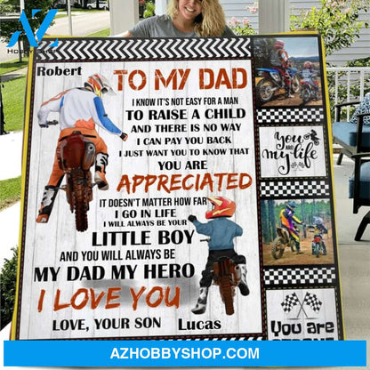 Custom Personalized Father & Son Biker Quilt/Single Layer Fleece Blanket - Gift Idea For Bike Lovers/Father's Day - To My Dad I Know It's Not Easy To Raise A Child