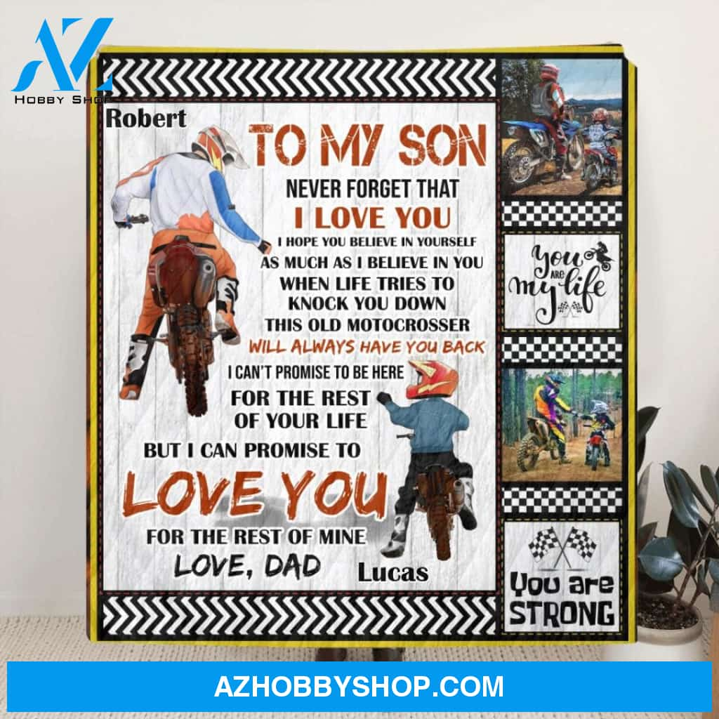 Custom Personalized Father & Son Biker Quilt/Single Layer Fleece Blanket - Gift Idea For Bike Lovers - To My Son Never Forget That I Love You