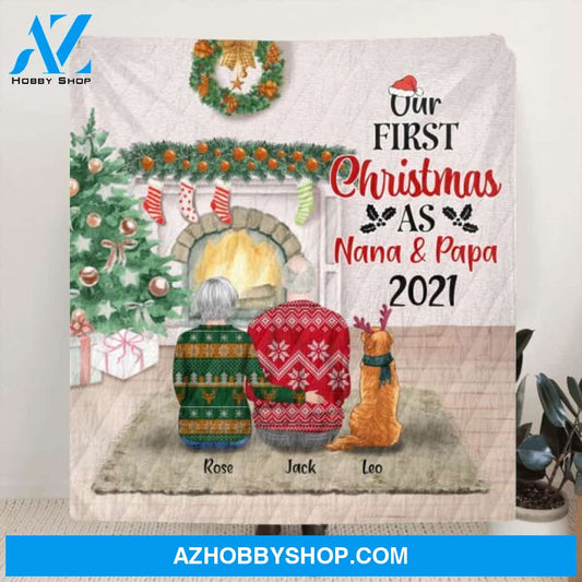 Custom Personalized First Christmas As Nana & Papa Quilt/ Fleece Blanket - Couple With Upto 4 Pets - Christmas Gift For Dog/ Cat Lover