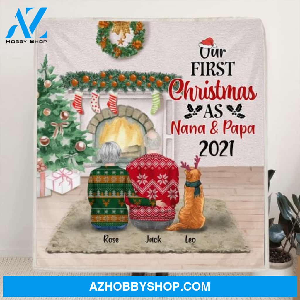 Custom Personalized First Christmas As Nana & Papa Quilt/ Fleece Blanket - Couple With Upto 4 Pets - Christmas Gift For Dog/ Cat Lover