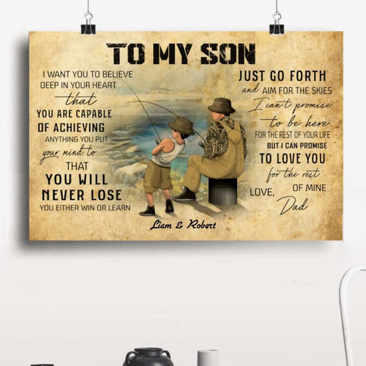 Custom Personalized Fishing Poster, Canvas with custom Name Appearance & Landscape, Vintage Style, Fishing Gifts For Kids, To My Son NNH0225B02SA3