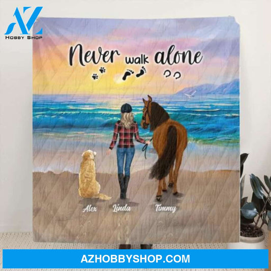 Custom Personalized Footprint Quilt/Fleece Blanket - Upto 2 Horses/2 Dogs - Best Gift Dog Lovers/Horse Lovers - Never Walk Alone - G7PP86