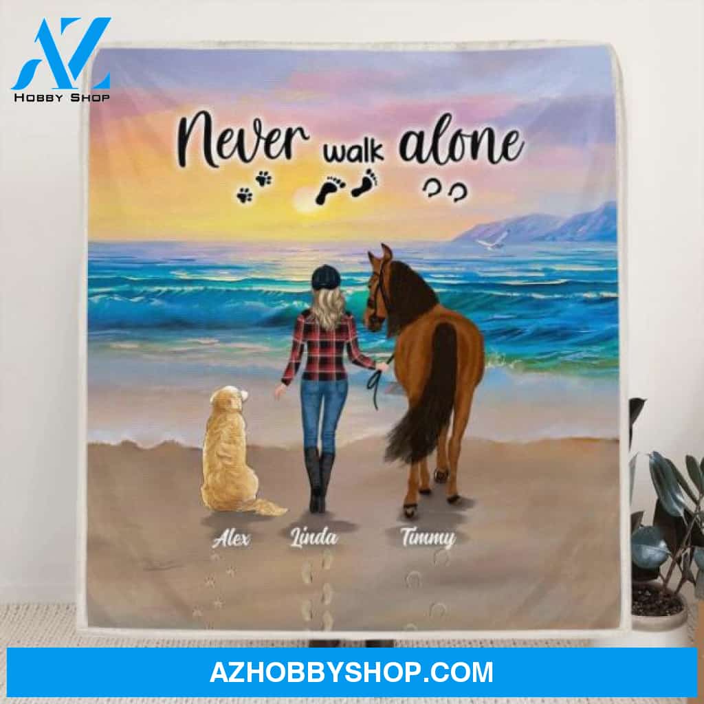 Custom Personalized Footprint Quilt/Fleece Blanket - Upto 2 Horses/2 Dogs - Best Gift Dog Lovers/Horse Lovers - Never Walk Alone - G7PP86