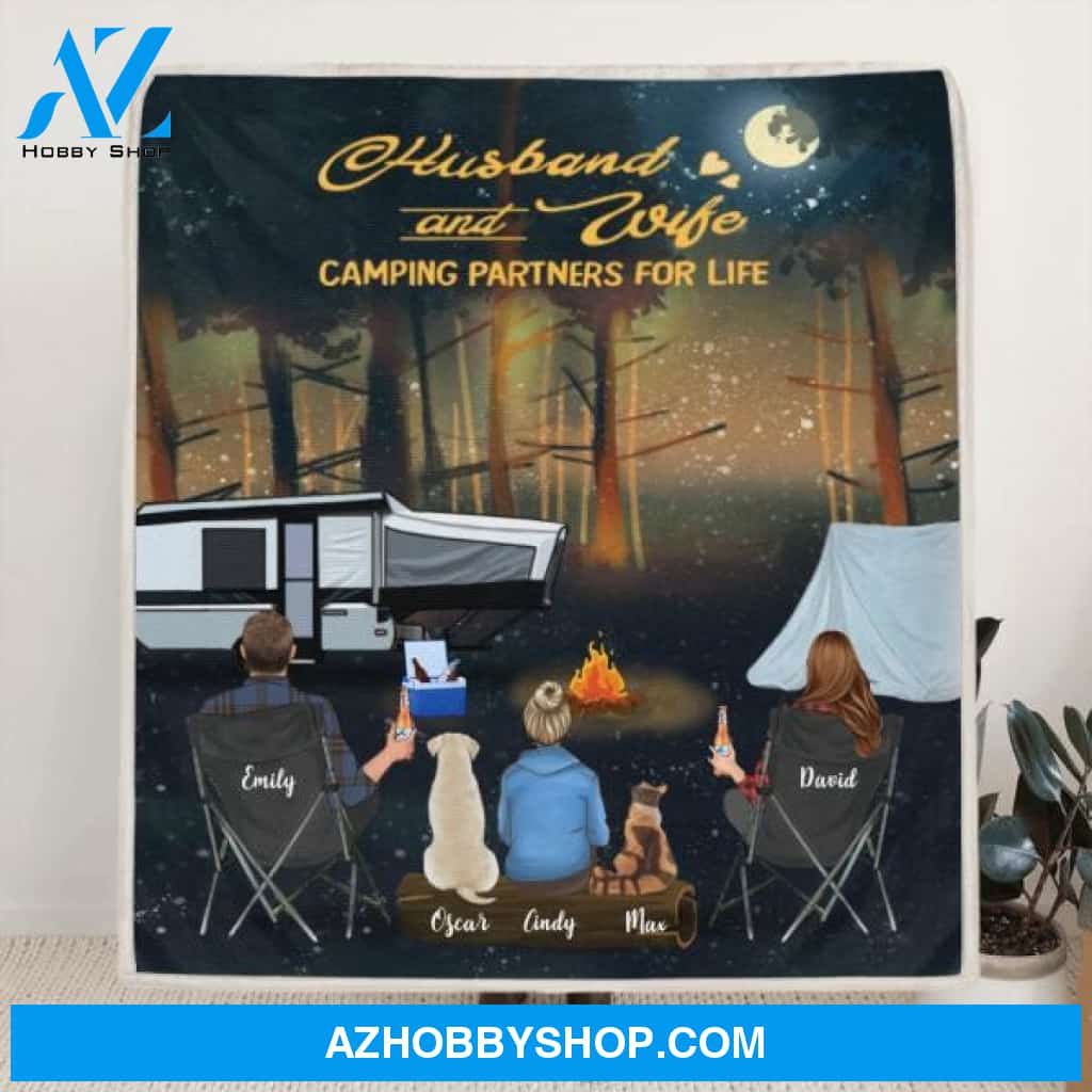 Custom Personalized Forest Camping Quilt/Fleece Blanket - Gift for Whole Family, Camping Lovers - Couple/Parents with Up to 6 Pets, 6 Kids - Husband And Wife Camping Partners For Life
