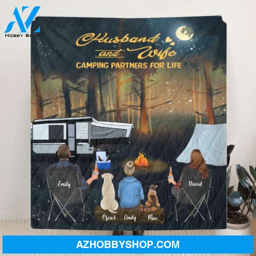 Custom Personalized Forest Camping Quilt/Fleece Blanket - Gift for Whole Family, Camping Lovers - Couple/Parents with Up to 6 Pets, 6 Kids - Husband And Wife Camping Partners For Life