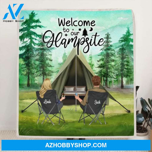 Custom Personalized Glamping Fleece Blanket - Couple/Parents With Upto 3 Kids & 3 Dogs - Gift Idea For Couple/Family - Welcome To Our Glampsite - KY0NLL