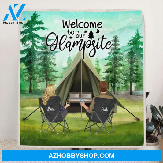 Custom Personalized Glamping Fleece Blanket - Couple/Parents With Upto 3 Kids & 3 Dogs - Gift Idea For Couple/Family - Welcome To Our Glampsite - KY0NLL