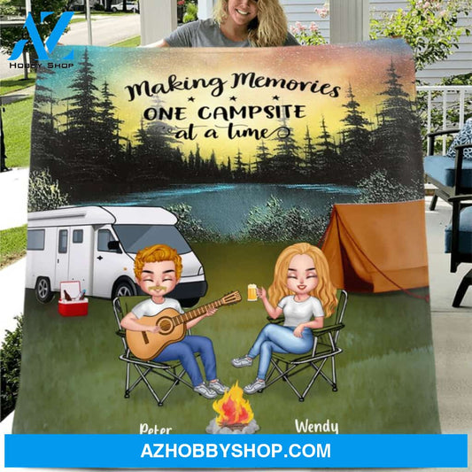 Custom Personalized Guitar Camping Couple Single Layer Fleece/ Quilt - Gift For Camping Lovers Up To 3 Dogs - Making Memories One Campsite At A Time