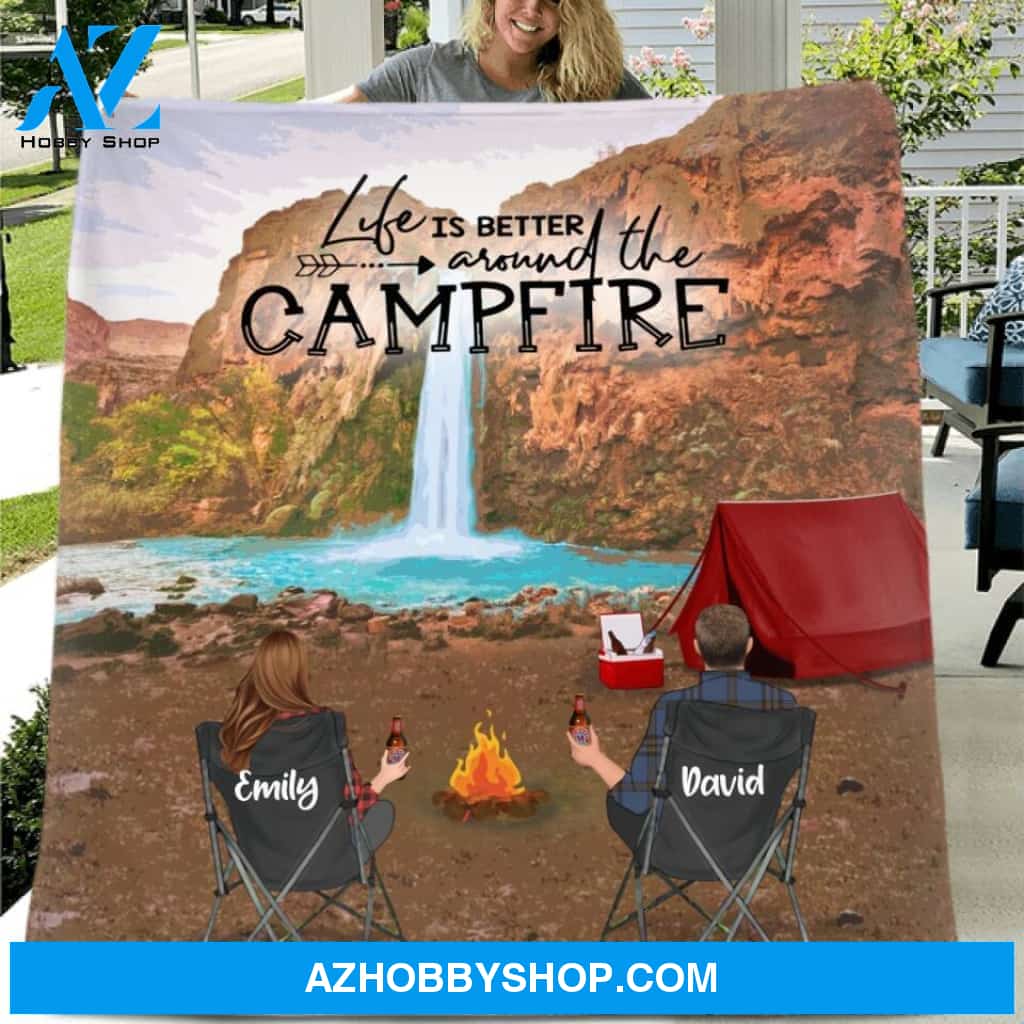Custom Personalized Havasu Falls Camping Fleece/ Quilt Blanket - Adult/ Couple/ Parents With Upto 3 Kids And 3 Pets - Gift Idea For Family/ Camping Lover - Life Is Better Around The Campfire