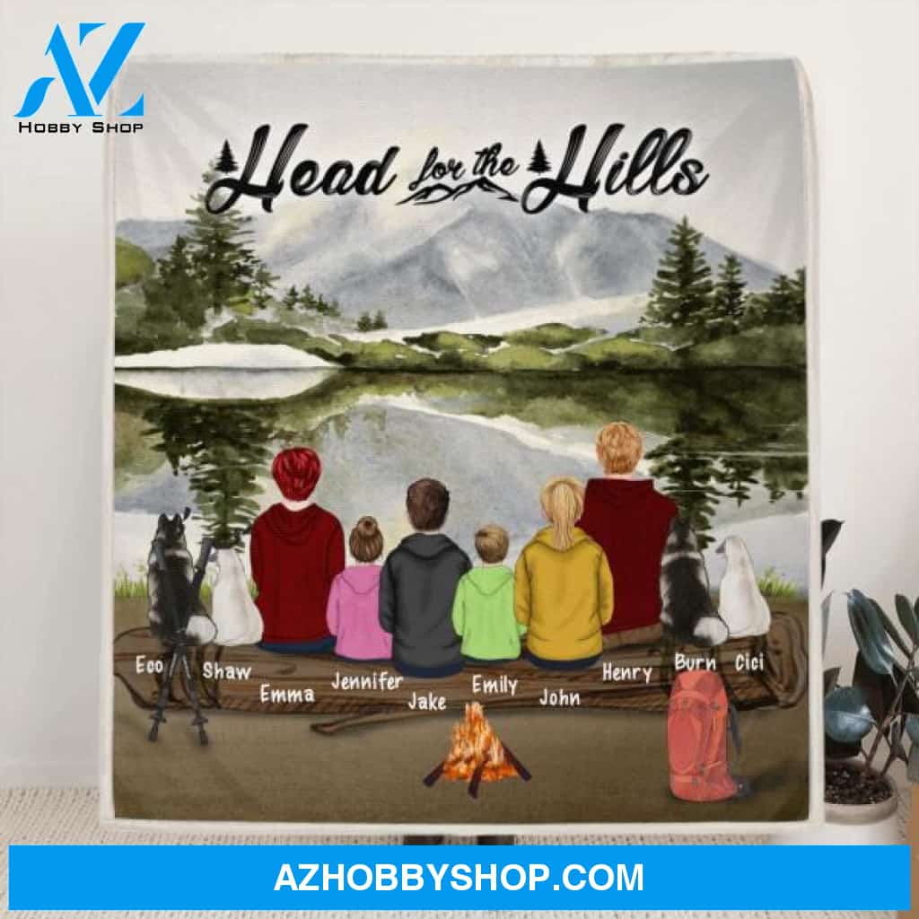 Custom Personalized Hiking Quilt/Fleece Blanket - Parents With Children/Man/ Woman/ Couple With Upto 6 Pets - Gift For Hiking Lover - Head For The Hills
