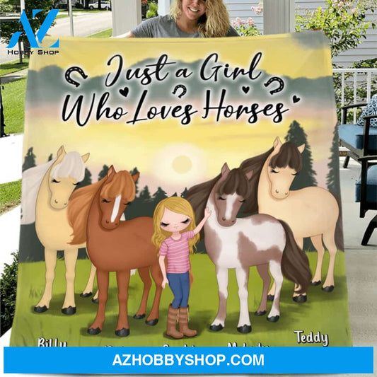 Custom Personalized Horse Girl Single Layer Fleece/ Quilt - Gift Idea For Horse Lovers with up to 4 Horses - Just A Girl Who Loves Horses