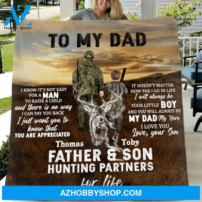 Custom Personalized Hunting Quilt/Fleece Blanket - Gift Idea For Father's Day - Father And Son Hunting Partners For Life